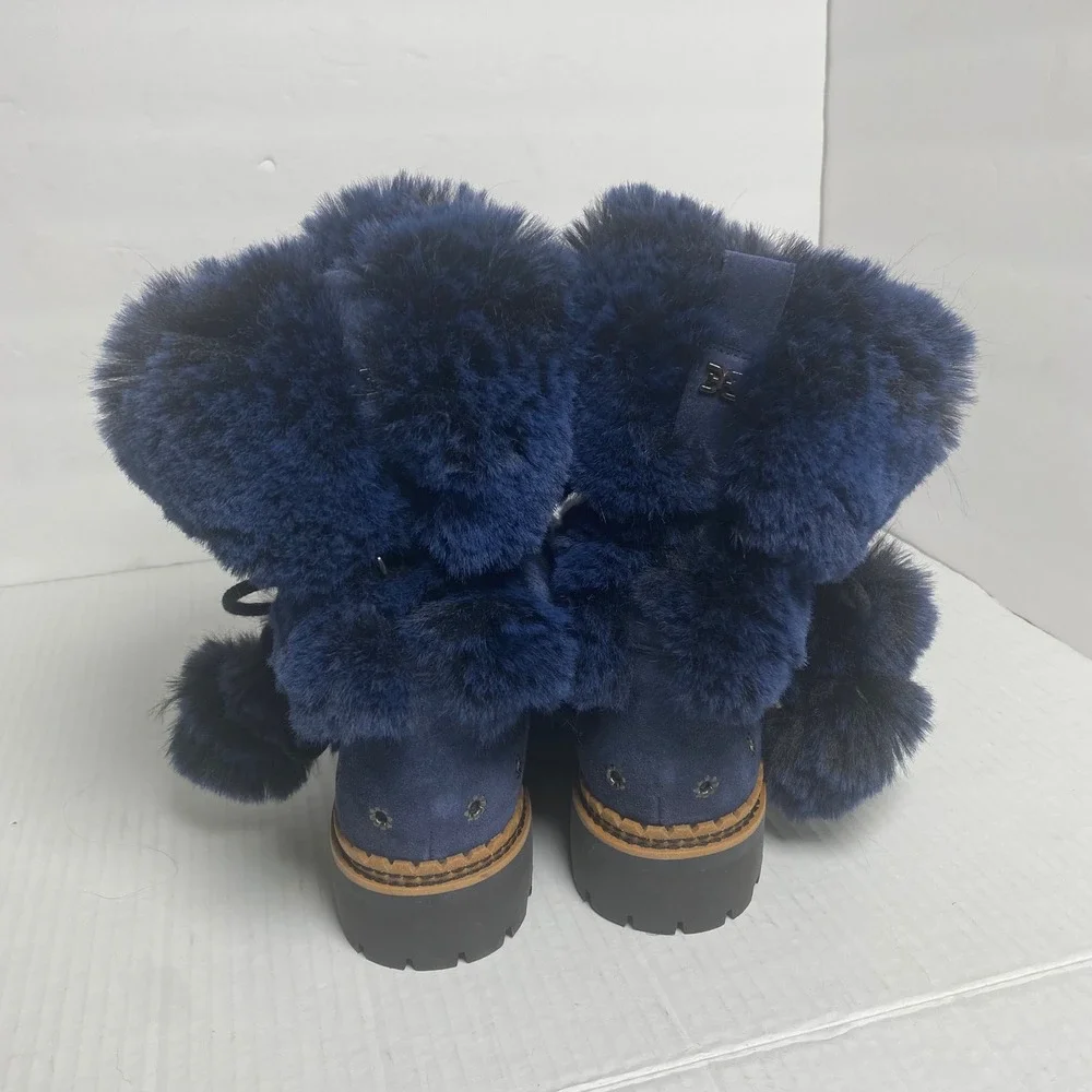 Sam Edelman‎ Navy Blue Faux Fur Pom Pom Lug Sole Ankle Boots Womens 8.5M Cozy